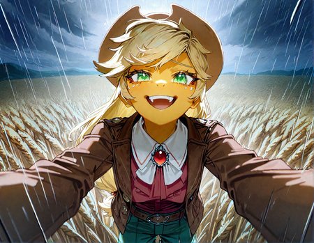 applejack , 1girl, blonde_hair , cloud ,colored_skin, furry, furry_female, long_hair,orange_skin ,outdoors, personification , solo, , wheat_field,Straw ,dot_nose, freckles, green_eyes , medium breast,
green_pants, jacket,long_hair, official_alternate_costume, open_jacket, pants, single_braid, yellow_shirt,adapted_costume , braid ,brooch ,brown_belt, brown_hat, brown_jacket, buttons, cowboy_hat ,detached_collar, knee_boots,  windy,  looking at viewer, rain, raining, storm, laughing , happy,dynamic pose,  incoming_hug,outstretched_arms, pov,
rella, rolua,  quasarcake:0.8, negative space,  very awa,
masterpiece, best quality, Good quality, very aesthetic, absurdres, newest, (Perfect details),
<lora:ponyv5_noobV065S_1_adamW:0.8>, <lora:illustrious_noobai_epsilon_pred_1_best_quality_v1:0.7> ,<lora:illustrious_noobai_epsilon_pred_11_very_aesthetic_v1:0.7> ,<lora:illustrious_noobai_epsilon_pred_1_masterpieces_v1:0.7> , <lora:Straw_thread:1>