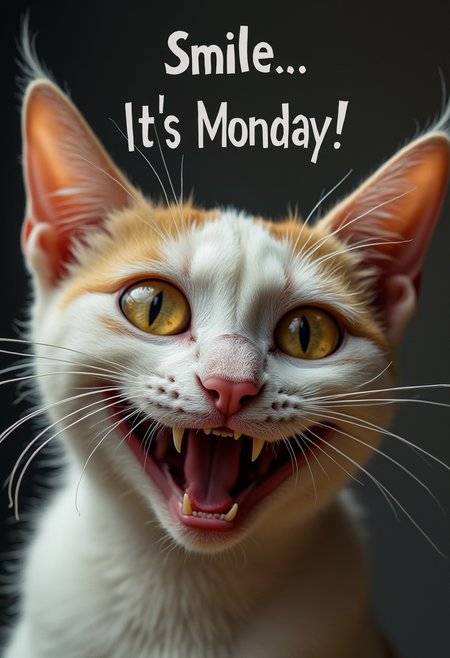 fclose-up of an ugly cat's face. Its eyes are wide open and its mouth is slightly open, revealing sharp teeth and a weird painful smile. The text above the cat reads "Smile... It's Monday!"