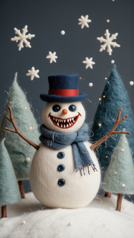 XmasDemon, felt-crafted, felt art
A chubby little XmasDemon Frosty snowman made entirely of white and blue felt, with a stitched-on crooked smile, tiny felt fangs, and black button eyes. His twig arms end in tiny felt claws, and his scarf is frayed and torn. A tiny top hat sits on his head, tilted mischievously, with a glowing red ribbon. Snowflakes made of shimmering felt float around him in a wintery forest of felted pine trees.