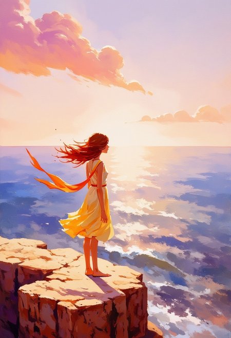 The image is an illustration styled in a vibrant, modern fashion editorial manner. Oil painting. An oil painting depicting a serene coastal scene with a young woman standing at the edge of a rugged, textured cliff overlooking an expansive, tranquil ocean. The woman is painted facing away from the viewer, her contemplative posture captured with delicate brushstrokes. She wears a flowing, light yellow dress that ripples gently in the breeze, and a long, soft scarf streams backward, caught in the wind's motion. Her hair, painted in warm, dynamic strokes, also dances with the breeze, adding a sense of gentle movement to the composition. The sky dominates the canvas, painted with sweeping, soft hues of pink and purple, suggesting the transition of dawn or dusk. The clouds are rendered in fluffy, blended textures, creating a dreamy contrast against the vastness of the sky. Below, the ocean's calm surface mirrors the sky's gradient tones, blending blues and violets in reflective, smooth strokes that stretch endlessly toward the horizon. The rocky cliff, rich with detail and texture, anchors the painting with its natural, earthy tones, emphasizing the contrast between the solid ground and the airy, ethereal atmosphere. The warm, diffused lighting bathes the scene in a golden glow, imbuing the painting with a sense of peace and introspection.