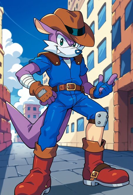 score_9, score_8, score_7, 1man, solo, furry, anthro, source_cartoon, Fang the Sniper, purple skin, cowboy hat, gloves, belt, boots, city, daytime, looking at viewer, dynamic, blue jumpsuit, blue pants, blue shirt, short sleeves, brown shoulder armor, blue fingerless gloves, bandaged arm, asymmetrical legwear, red boots, short, short body