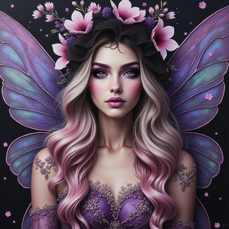 oil painting portrait in the style of Keith Garvey, a boujee fairy, with large iridescent wings, with long, wavy pink and silver hair cascading down her shoulders. gorgeous eyes, with dark, dramatic purple eyeshadow and long, thick lashes. Her lips are painted a deep purple, She wears a purple spring dress with intricate patterns and a dark veil adorned with delicate purple and pink flowers. blossoms fall gently in the background, creating a mystical and ethereal atmosphere. starry bg  <lora:Detailer2K:0.40> <lora:Dever_Flux_Enhancer:0.50>  <lora:Midjourney_-_SemiReal_Dreams_FLUX_LoRA:0.45> <lora:rendered_face_test:0.45> <lora:TEST_1:0.50>  <lora:OBååå®èåç»V2.0 semi realistic colored pencil potrait:0.55> <lora:Flux.Daddario:0.45> <lora:JessicaAlbaV1:0.45>