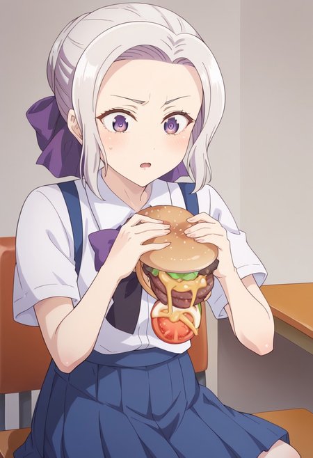 score_9, score_8_up, score_7_up, score_6_up, score_5_up, score_4_up, detailed eyes, detailed skin, source_anime, BREAK, <lora:shino-kiryuu-s2-ponyxl-lora-nochekaiser:1>, shino kiryuu, purple eyes, white hair, hair bow, purple ribbon,, skirt, shirt, bow, school uniform, white shirt, short sleeves, pleated skirt, bowtie, blue skirt, BREAK, indoors, restaurant, burger, sitting, eatung burger, burger malfunction,