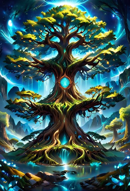 A captivating night scene illustration Yggdrasil tall on a large snowy mountain overlooking a lake. lthndrtrl, Yggdrasil, emits a warm glow, highlighting its incredible magic and grandness. The snowy  hill is covered in great pine trees, reflecting on the calm, moonlit snow  that mirrors the silvery moonlight. The full moon graces the sky, casting an ethereal glow on the clouds and mountain, while wispy clouds partially obscure its brilliance, adding to the scene's mystique. Twinkling stars dot the sky, creating a celestial tapestry that harmonizes with the moon's radiance. This enchanting artwork captures a serene and peaceful night, where the illuminated Yggdrasil stands resolute amidst the celestial beauty, creating a cinematic experience., illustration, cinematic, lthndrtrl, Yggdrasil
<lora:DonM3t3rn1tyXL-v1.1:0.7>, DonM3t3rn1tyXL,
OverallDetailXL  <lora:MJ52:0.3>  <lora:SDXLFaeTastic2400:0.4>  <lora:EpicF4nta5yXL:0.7>