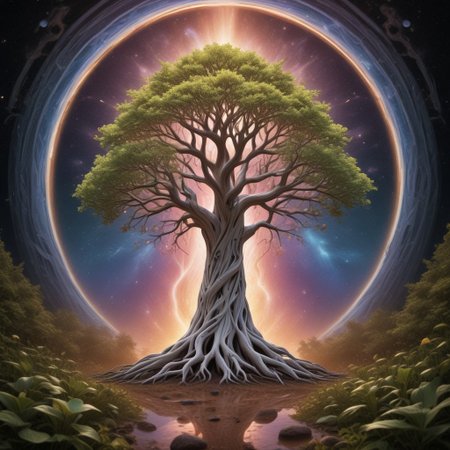 white huge tree grows from the black hole in the center of galaxy, fluorescent leaves, white glowing bark, alien colorful planets grow on branches of the tree, life energy flows through the roots of the tree, space, cosmic scenery, clouds of cosmic dust around, black background, hyperrealistic, photorealistic, atmospheric scene, depth of field, 8k quality, extreme detailed, colorful, award-winning masterpiece, abstract beauty