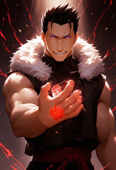 score_9, score_8_up, score_7_up, score_6_up, perfect anatomy, perfect proportions, best quality, masterpiece, high_resolution, high quality, aesthetic, absurdres, (male focus), solo male, source_anime, anime coloring, Greed, GreedFMAPony, black hair, short hair, purple eyes, (sanpaku, small pupils, thin eyebrows:1.5), sleeveless, black turtleneck undershirt, black vest, white fur trim, black pants, adult, mature, masculine, manly, handsome, charming, alluring, standing, portrait, headshot, close-up, from front, dutch angle, dark background, dark atmosphere, look at viewer, (one arm raised over face, show arm), sleeves rolled up, BREAK ouroboros homunculus red hand tattoo \(Fullmetal Alchemist\), glow tattoo, red lightning, red glow, electrokinesis, command spell, perfect lighting, cinematic, dynamic angle, sweat drop, fighting stance, serious, angry, mad, smirk, sharp teeth