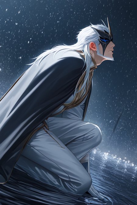 realistic shading, dark environment, dim lighting, expressive face, looking up, pierrogi, white_pierrogi_facial hair, white_pierrogi_long hair, black-blue-gold_pierrogi_one eye mask, blindfolded, covered eyes, manly, 1boy, parted lips, furrowed brows, serious, full body, kneeling, on one knee, white armor, shirt, white gloves, white pants, black cape, dark cold outdoors, snowing, winter, water, godray, water ripple, from side, dutch angle, dynamic angle, depth of field, atmospheric perspective, intricately detailed illustration, masterpiece, best quality, amazing quality, very aesthetic, absurdres, newest