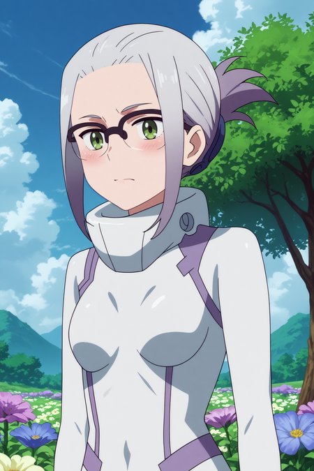  ikuno,1girl,solo,glasses,grey hair,short hair,bodysuit,white bodysuit,folded ponytail,upper body,looking_at_viewer BREAK outdoors,blue sky,cloudy_sky,purple flower,flower field,tree  <lora:Ikuno_-_Darling_in_the_franxx.safetensors:0.8> <lora:detailed_backgrounds_v2.safetensors:0.5>