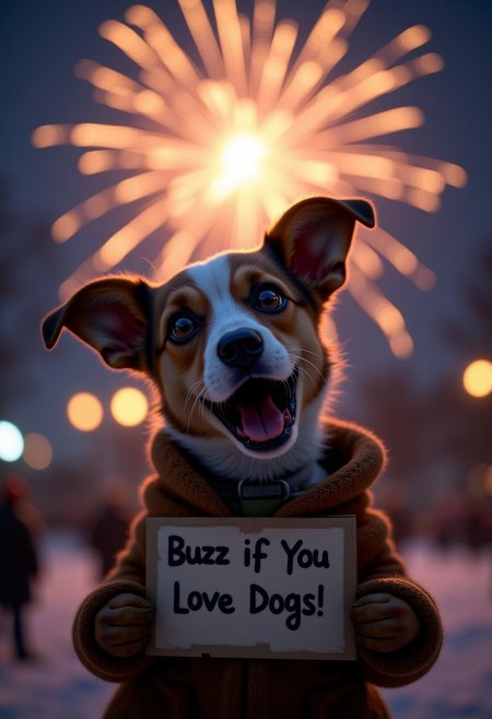 A cute dog, watching some fireworks with an over the top shocked facial expression, holding a sign  it says "Buzz If You Love Dogs!", realistic, cinematic shot, head tilted back, large eyes, pointing at the viewer, winter,