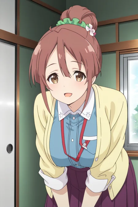 anime screenshot, 1girl, solo, shinomiya shiori, brown hair, single hair bun, green scrunchie, hair scrunchie, hair flower, brown eyes, large breasts, yellow cardigan, open cardigan, blue vest, white shirt, collared shirt, long sleeves, sleeves rolled up, purple skirt, pleated skirt, long skirt, lanyard, looking at viewer, smile, open mouth, own hands together, leaning forward, cowboy shot, indoors, masterpiece, best quality, high quality, highres, absurdres,  <lora:shinomiya_shiori_ILXL:0.9>