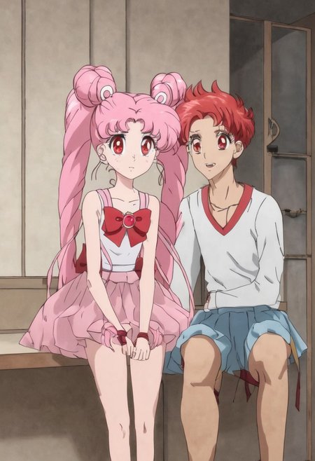 <lora:SMCrystalSDXL-REDO:1>  1girl, anime coloring, blue eyes, closed mouth, crystal movies style, earrings, red eyes, pink hair, hair bun, indoors, jewelry, magical girl, multicolored skirt, necklace, pleated skirt, red bow, short hair, shorts, skirt, twintails, very long hair