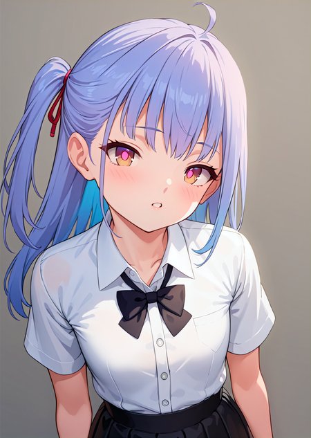 (best quality, masterpiece:1.2),
upper body, cowboy shot, 
1girl, solo,
petite, single sidelock,
blue hair, grey hair, two-tone hair,  looking at viewer, 
brown eyes, pink pupils,
collared shirt, short sleeves, black bowtie, 
black skirt,
standing, head tilt,
highres,sharp focus,Professional,Impasto,
front view,close-up, 
reality_ray_tracing,ambient_light,
simple background, grey background, 
<lora:ASYLJ77-000009-XL-02:0.9>