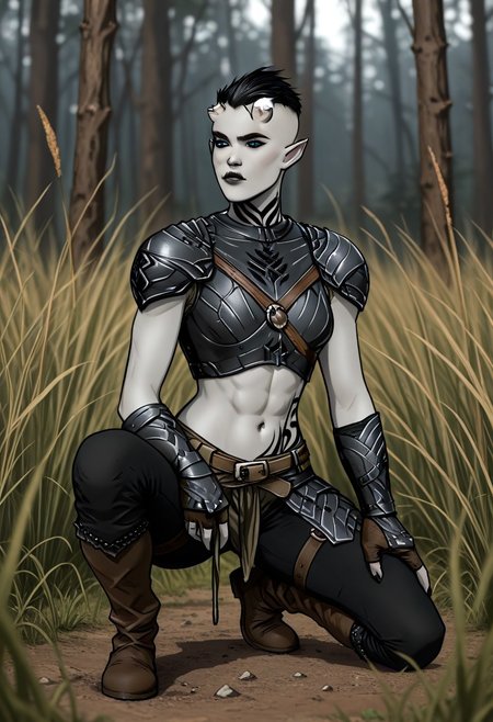 1girl, , naarga, grey orc, female orc, grey skin, pointy ears, undercut, black hair, broken horns, black lips, tattoo, abs, small breasts, blue eyes, slim, fur light armor, crouching, one knee on the ground, hunting, hiding in the tall grass, hunter bow,
masterpiece, best quality, amazing quality, very aesthetic, absurdres, newest, highres, volumetric lighting