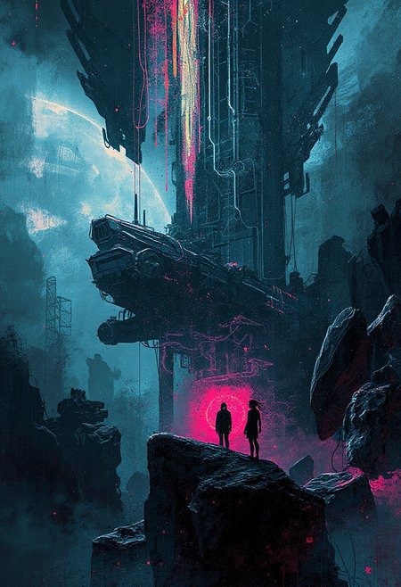 Art by Ismail Inceoglu, liminal space, Synthesis, Phase Twist, pain, Saw, Fourier, Bekeshi and Hole, mechanical and organic background, contrast of light and dark, surreal atmosphere. spaceship, cosmic woman, outer space, Sci-fi Environments,cyberpunk, cable