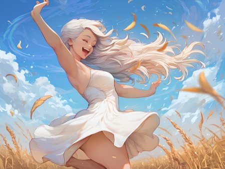 score_9, score_8_up, score_7_up, 1girl, solo focus, pale skin, white hair, dancing, closed eyes, wearing short white dress, csr style, happy, closeup, impending thunderstorm, field of wheat background, <lora:cutesexyronutts_style_xl:0.8>, <lora:PerfectEyesXL:1>, <lora:3m0t3XLP:0.8>, detailed