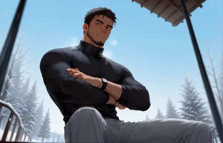 <lora:Lifeline_Style_V2_Illu_Edition-000015:1>, (llv2-illu), ((sitting with head cocked slightly to the left and arms crossed casually at the wrist, winter, turtleneck, dark ash hair, day, low-angle shot))
looking at the viewer, cowboy shot, 
(very short hair, beard, bara, mature, facial hair, stubble, beard, full beard, sideburn, beard, a lot of beard, ), facial hair,male focus, muscular male, muscular male, bara, mature,  bara, mature, aixiwuganda_(20222192), very awa, masterpiece, best quality, absurdres, newest, perfect quality, detailed background, intricate details,
<lora:slider_Body Type_alpha1.0_rank4_noxattn_last:3><lora:Anime Summer Days 2 Style SDXL_LoRA_Pony Diffusion V6 XL:.6><lora:slider_cfg_scale_boost:.7><lora:Artist6p:.55>, Artist6p, Artist04p,<lora:slider_il_brightness_slider_d1:-1><lora:slider_il_contrast_slider_d1:-1><lora:slider_DarkSlider1.2_alpha1.0_rank16_full_300steps:-.6>