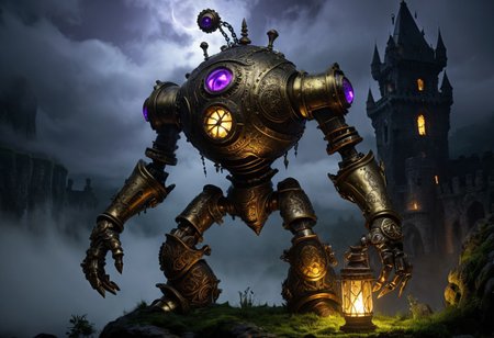 giant bipedal robot brass and purple
 striped paint, bronze paisley robot. lacy robot metal. eye helmet torso head. outside of a steampunk keep. large detailed torso. dark image. one forty foot tall ancient robot with great arms and two heavy spring legs. dark foggy night background. $dark foggy night image only. dark photo realistic image. steampunk details. cogs, chains and pipes incorporated in the fantasy buildings. magic wizards tower in background. Dark swamp, moss, castle ruins, wizards tower. stormy dark night. stormy sky. rain