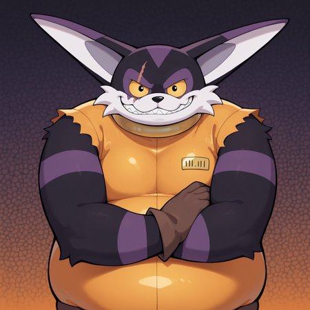 Smallsthecat, Solo, 2d, 1boy, male, Feline, furry, furry male, cat, male, long ears, black fur, purple fur, white fur, multicolored fur, white muzzle, black nose, eye scar, yellow sclera, black pupils, orange prison bodysuit, sleeveless, striped fur, brown gloves, brown boots, fat

BREAK arms crossed, looking at viewer, smirking, upper body focus, abstract background, smirk, sharp teeth

BREAK best quality, amazing quality, very aesthetic, absurdres, newest, masterpiece 