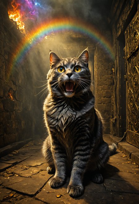 Horror-themed ((({A animals Empowered Change Maker, They activated their Emotion-Detecting Robot Cat, which looked like a regular cat except for its glowing LED eyes and metallic fur. Whenever they felt sad, the robot cat jumped onto their lap and purred loudly while projecting holographic rainbows across the room.)
 (((with exaggerated expressions))) With Quantum Zeno Effect: This fruit never decays as long as you constantly observe it, freezing it in time., Whimsical Pet Portraits: Photograph pets in playful poses or costumes using bright colors; these fun shots highlight their personalities while bringing joy to viewersâ faces..(dynamic:1.1),sun rays,(taken by 4mm fisheye lens:1.1), 
(Vivid, HDR, Canon50, 8K, Hyper Realistic, Dramatic, Epic, Dynamic Contrast, Cinematic Lighting, increased brightness)(((Zoomed Out, Far away Shot))) = =. Epic dynamic lighting , vibrant,highly detailed,psychedelic,((Psychedelic, rainbow glow ))
((Vivid, Epic, Dynamic contrast)) (((Zoomed out, Far away shot, In frame)), (((Cinematic, Studio lighting, Contrast)))
<lora:rundiffusionXL_beta:0.8><lora:epicrealismXL_v5Ultimate:0.8><lora:crystalClearXL_ccxl:0.9>
<lora:extremely_detailed:0.8> extremely detailed
<lora:hyperkraximalism:0.6> hyperkraximalism
<lora:JuggerCineXL2:0.8> Movie Still, Film Still, Cinematic, Cinematic Shot, Cinematic Lighting
<lora:xl_more_art-full_v1:0.2>    <lora:RMSDXL_Darkness_Cinema:0.1>
 <lora:HellAI_XL:0.6> HellAI, skull, fire, demon, monster, - Generate images with sharp edges and fine details.
- Produce high-resolution images with no blurriness or distortions.
- Create images with clear and well-defined subjects.
- Ensure that the output images have crisp lines and distinct features.
- Generate images with vibrant colors and accurate tones.
- Avoid noise or artifacts in the generated images.
- Focus on producing clear textures and patterns in the images.
- Emphasize clarity and definition in all aspects of the generated images.
- Prioritize the sharpness and clarity of the main subjects in the images.
- Optimize the AI model to produce clear and visually appealing images., Wlop, By art germ . Eerie, unsettling, dark, spooky, suspenseful, grim, highly detailed