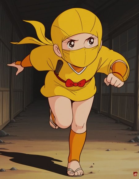 masterpiece, best quality, solo, full body, running, incoming attack, 
<lora:Sakura:1>, saku4a, black eyes, 1970s \(style\), (yellow ninja mask, ninja headwear),