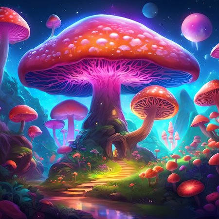 ethereal fantasy concept art of  (psychedelic:1.3), mushrooms, marshmallow, vibrant color, fluorescent color, 8k, hdr, . magnificent, celestial, ethereal, painterly, epic, majestic, magical, fantasy art, cover art, dreamy