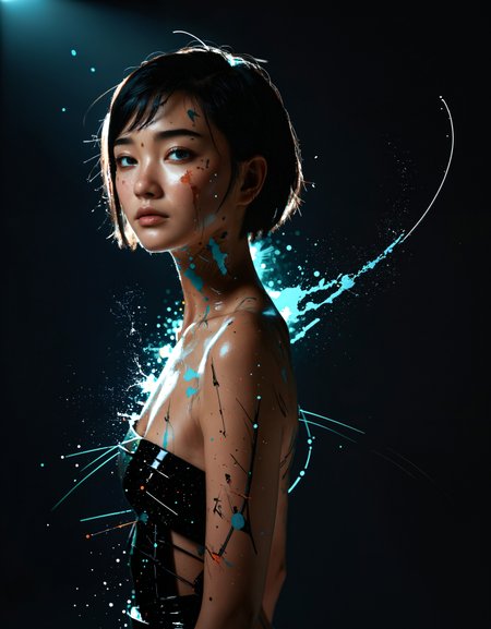 zavy-splsh, paint splash, paint splatters, full body portrait of a beautiful young Mongolian lady, short hair, (sci-fi:1.2), masterpiece, intense shadows, ambient light, illustration, (thick outlines:1.2),