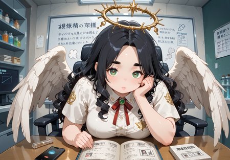 IllusP0s, PonyScores7, source_anime, ah1, IllustriousQual, interesting, exciting, spectacular, wonderful, 
BREAK <lora:xl_more_art-full_v1:0.2>, <lora:aesthetic_anime_v1s:0.2>, <lora:EpicF4nta5yXL:0.2>, <lora:detailxl:0.2>, detailxl, <lora:Fant5yP0ny:0.2>, amazing quality, best aesthetic, absurdres, illustration, Volumetric_Lighting, ultra-detailed, very aesthetic, intricate details, best_quality
BREAK ((A woman holds a vial of shimmering liquid and pours it onto the ground, where it spreads into a pool of luminescent goo that engulfs and immobilizes anything it touches)),
BREAK Stable_Yogis_PDXL_Positives, AS-Adult, <lora:Complicated fantasy portrait - XL Pony V2.0:0.2>, bad-hands-5, <lora:HDA_Detailer:0.3>, <lora:natsumi_style:0.5>, <lora:by_usakun-pony:0.4>, by usakun, <lora:Akina_Bbw_Style_-_PonyXL:0.2>, AkinBw, ((Time-Lapse)),
BREAK 1girl, mature female, (curvy), round-chin, caucasian, <lora:ETO_OC_Illustrius:0.5>, eto_oc, skindentation, (plump), thick thighs, wide hips, busty, voluptuous, <lora:venus body PonyXL:0.3>, <lora:shinyskin2:0.2>, glistening skin, HDA_FatGirlXL, 
BREAK ((<lora:Angel_Outfits:0.8>, Angel Concept, angel wing, angel outfits, featherd wings)),
BREAK (curly hair), long hair, (black hair:1.4), (parted hair:1.7), messy hair, kinky curls, <lora:hairdetailpxl:0.2>, hairdetailpxl,
BREAK (half green and brown eyes), (colorful eyes), (multicolored eyes), (downturned eyes:1.4), <lora:expressive eyes:0.2>, expressive eyes, <lora:eyedetailpxl:0.2>, eyedetailpxl, <lora:Eyes_High_Definition:0.2>, EyesHD, (round face:1.2), (thick eyebrows:1.3), (plump face), <lora:Round_face:0.2>, lips, 
BREAK ((Sigh expression)), <lora:Expressive_H:0.2>, Expressiveh, <lora:Emotional_Anime_Expressions_PonyXL_Concept:0.2>, emotional, <lora:Best_Facial_Expression_LoRA_PONY:0.2>, looking at viewer, <lora:Detailed expressive EXEV style -XL Pony V1.0:0.2>, FaceDetail,
BREAK (((Operating Room, Surgeon Station, Organized workstation with a computer monitor displaying patient records, ergonomic chair for comfortable seating, shelves filled with medical reference books, a whiteboard for surgical planning, a phone for communication with the surgical team))), <lora:Background Detailer - SDXL:0.8>, 4k, 8k, Ultra HD, Masterpiece, Best quality, Detailed background, <lora:Add_more_details_V2_XLpony:0.4> full_details,