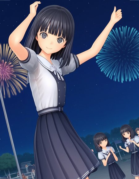 score_9, score_8_up, score_7_up, source_anime, <lora:rinze-himenogi-ingame-ponyxl-lora-nochekaiser:1>, rinze himenogi, bangs, black hair, blunt bangs, black eyes, 3d, skirt, dress, school uniform, short sleeves, puffy sleeves, black dress,, festival, fireworks, summer night, food stall, traditional, arms up,, smile, looking at viewer, from side, solo,, dutch angle,