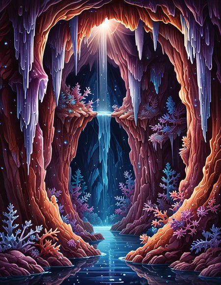 novuschroma06 style cavern filled with glittering stalactites and stalagmites   <lora:novuschroma06 style:1>, <lora:sdxl_lightning_8step_lora:1>