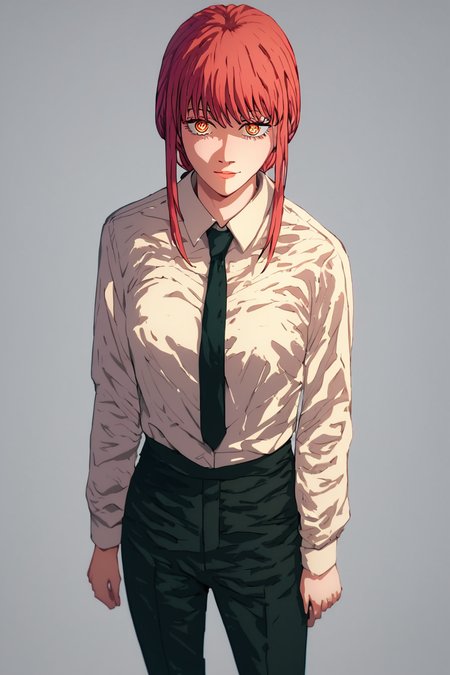 score_9, score_8_up, score_7_up, score_6_up, score_5_up, score_4_up, <lora:mak1ma0XL_Pony_v1:0.8> , mak1ma0, red hair, long hair, ringed eyes, white collared shirt,black necktie, black pants  <lora:ThatOnePanda_style:1>, 1girl, thatonepanda_style, solo, alone, masterpiece, highres, simple background