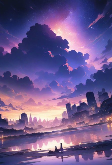 Official Art, Unity 8K Wallpaper, Extreme Detailed, Beautiful and Aesthetic, Masterpiece, Top Quality, perfect anatomy, a beautifully drawn (((ink illustration))) depicting, integrating elements of calligraphy, vintage, yellow and purple accents, watercolor painting, (best illustration), (best shadow), Analog Color Theme, vivid colours, contrast, smooth, sharp focus, scenery, outdoors, sky, cloud, no humans, night, building, star \(sky\), night sky, scenery, starry sky, reflection, sunset, city, cityscape, city lights