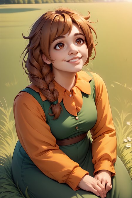 score_9, score_8_up, 1girl, solo <lora:NSMarnieStardew:1> NSMarnieStardew, single braid, brown hair, brown eyes, green dress, orange collared shirt, long sleeves, orange sleeves, grass field, sitting, smile, looking up,
