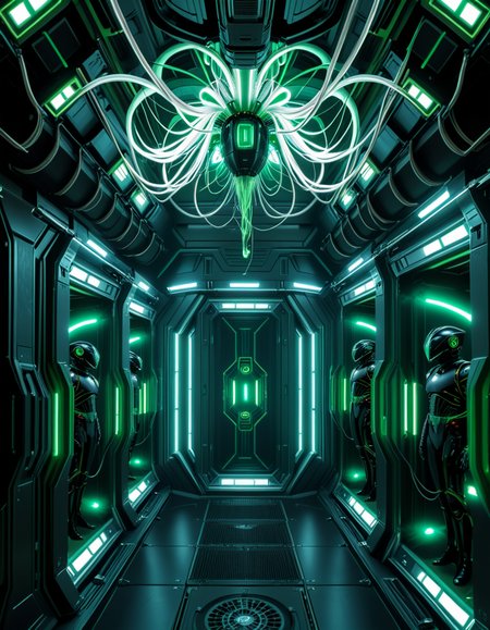 A dark, oppressive regeneration chamber deep within a Borg vessel â a biomechanical environment where drones return to recharge and interface with the collective. The chamber is dimly lit with pulsating green and white lights that flicker through dense shadows. The walls are lined with vertical alcoves, each containing a Borg drone standing motionless, plugged into the system via biomechanical tendrils, tubes, and neural interfaces embedded into their bodies.
The surfaces of the room are a fusion of metallic plating, organic texture, and cybernetic growths â as if the ship itself is alive, constantly shifting and adapting. Steam hisses softly from vents near the floor, and faint mechanical whirring echoes through the chamber. Fiber optic cables pulse with data transmissions, running across the ceiling like glowing veins. 
Above, a central neural conduit hangs like a mechanical spine from the ceiling, branching out and connecting to each alcove, feeding the collective hive mind with real-time information. The atmosphere is cold, sterile, and unnervingly silent â a place devoid of individuality, where only the will of the collective exists. There is no comfort here, only efficiency, order, and total control. 
<lora:SDXLFaeTastic2400:0.4> <lora:extremely_detailed:0.4> extremely detailed,<lora:borg_recharge_ch4mb3r:1>,borg recharge ch4mb3r, Masterpiece,best quality,hi res,8k,hi res,8k,award winning,(sharp focus, intricate, highly detailed),