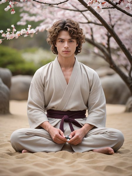 absurdres,masterpiece,sharp focus,extreme detail description,male focus,abs, A tranquil scene of a young guy with soft, curly hair, meditating in a Zen garden. The setting is peaceful and harmonious, with meticulously raked sand and delicate cherry blossoms. ((Young guy, soft curly hair)), Zen garden, raked sand, cherry blossoms, (tranquil, harmonious, peaceful).