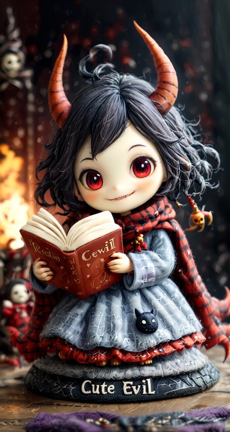 cinematic photo woman, "Cute & Evil" written, <lora:Cute_Collectible:1>, wearing a demonic robe, long flowing plaid scarf, horns, reading a book, evil smile with fangs, <lora:20230930-1696066978110:0.8> Felted Doll, <lora:SDXLFaeTastic2400:1>, <lora:cutedoodle_XL:0.4> cute doodle, <lora:Low-key lighting Style:0.7> Low-key lighting Style