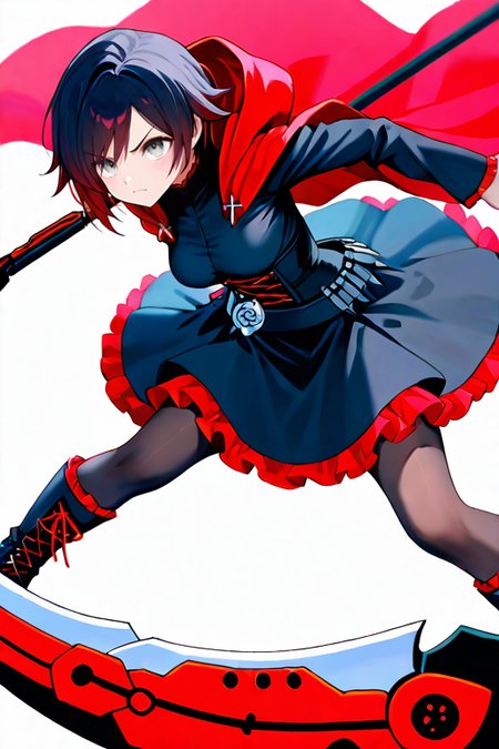 masterpiece, High quality, Ultra detailed, 2d, newest, absurdres, highres, BREAK
1girl, solo, <lora:ruby_rose:0.8>, ruby_rose_(ruby), short hair, black hair, multicolored hair, grey eyes, 
medium breasts, rosedef, long sleeves, black dress, corset, belt, rose, skirt, frilled dress, pantyhose, black footwear, cross-laced footwear, hooded cloak, red cape, 
scythe, crescent rose, holding scythe, fighting stance, angry,