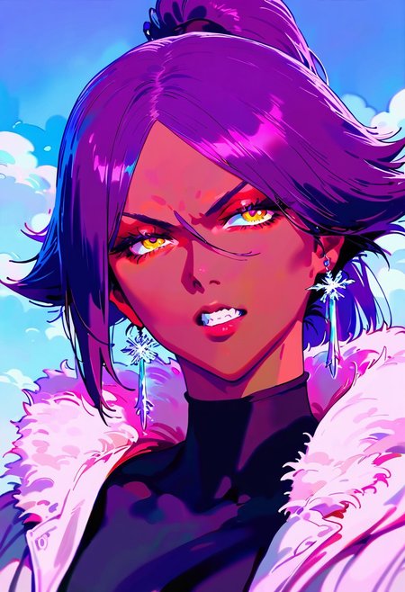 portrait, Masterpiece, Best Quality, Best Score, Best Anatomy,ultra deitailed,white suit,sci-fi, futuristic, shiny brilliant yellow eyes, 
Yoruichi Shihouin, 1girl, (dark-skinned), purple hair, ponytail, brilliant earrings, shiny teeth, big white winter fur coat with a big fur hood, over black bodysuit, 
detailed winter background
<lora:add-detail-xl:1>, <lora:nyalia_NoobXL:0.3>, <lora:cutesexyrobutts_style_illustrious_goofy:0.2>,  <lora:nabibutterILLUS:0.1>, usnr, <lora:USNR STYLE_XL_loha:0.9>,