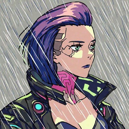 (best quality:0.8) perfect anime illustration, a women, leather jacket, (rain:1.3), (cyberpunk:1.2), (neon:1.1)