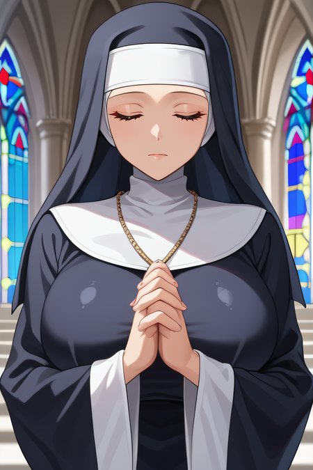 score_9, score_8_up, score_7_up, source_anime, rating_safe, intricate details, anime screencap, official style, 1girl, <lora:Anonym:1>, anonym, nun veil, blue veil, closed eyes, indoor, looking at viewer, expressionless, huge breasts, nun, habit praying, cathedral, shiny skin, steaming body, own hands together, interlocked fingers, five fingers