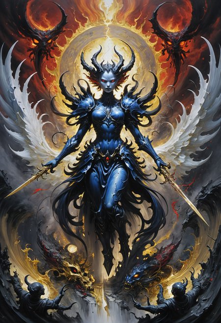 amaze the viewer with a masterful work of extreme artistry,the exacting precision of every brush stroke making the canvas come alive with awe inspiring visuals,a vengeful angel slaying demons in the abyss,the artist celebrating the triumph of a fallen goddess seeking revenge,her eyes dare the viewer to meet their gaze,otherworldly,demon infested hellscape,intricately detailed masterpiece