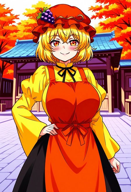 seireiart style, outside, (japanese village), (feudal japan), ((marketplace)), daytime, ((autumn)), 1girl, solo, naughty smile, blush, closed mouth, ((Large Breasts)), looking at viewer, ((standing)), ((posings)), aki minоriko, blonde hair, short hair, orange eyes, mob cap, grapes on hat, dress, yellow shirt, red apron, black skirt, wide sleeves, juliet sleeves, ribbon