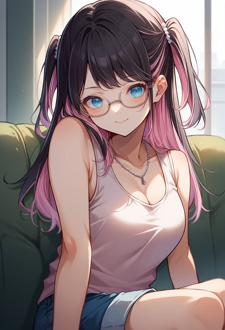 score_9, score_8_up, source_anime, 1girl, solo, NazunaKaga, blue eyes, multicolored hair, black hair, pink hair, long hair, two side up, glasses, tank top, cleavage, necklace, sleeveless, shorts, smile, indoors, sitting, on couch, <lora:ChamNazunaKagaPonyXL:1>