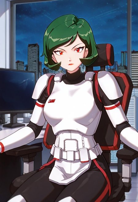 masterpiece, best quality, good quality, <lora:PMWendyIL:0.9>, PMWendy, 1girl, solo, green hair, short hair, red eyes, lipstick,stormtrooper, armor, white armor, black bodysuit, bodysuit under clothes,
looking at viewer, sitting, monitor
BREAK indoors, day, office, swivel chair, window, night sky, cityscape,