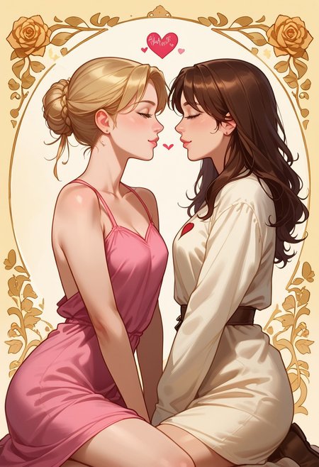 realistic, high quality, summer, 2 cute sexy beautiful female, 18 years old, snuggle, in love, tunic, cowboy shot, kneeling, looking at each other, skinny girls, firm bodys, profile, Valentine background, flickering hearts, rose, intimate, pastel colours, tints of yellow, golden outlines