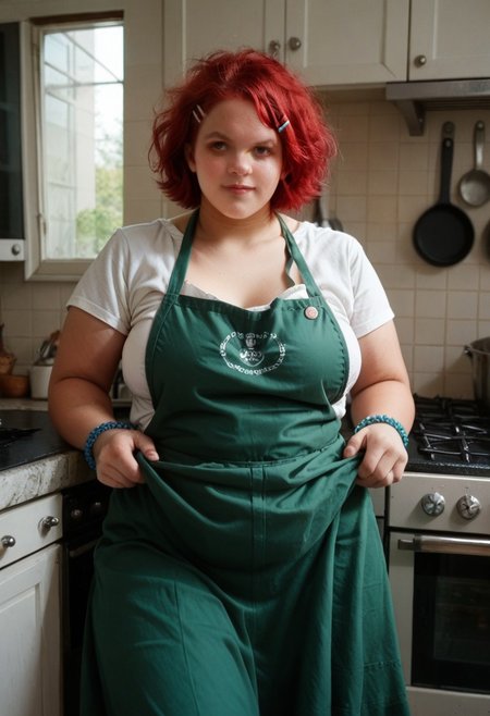 score_9, score_8_up, score_7_up, score_6_up, score_5_up, score_4_up,1girl, solo, ((chubby Red head)), hairclip, red hair, swept bangs, ultra large big breasts, huge ass, green dress, white shirt, short sleeves, apron, blue bracelet, green apron, indoors, kitchen, <lora:RaikageArtLycoXL:1>
