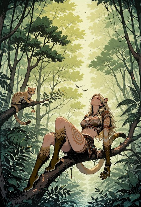  core_9, score_8_up, score_7_up, masterpiece, best quality, very aesthetic, detailed face, (dynamic:1.1), 1girl, tree, jungle, on tree, relaxing, laying on branch, thick branch, puma girl, animal arms, tail, swishing, tribal outfit, long hair, blonde hair, monstergirl, dangling, golden fur, 