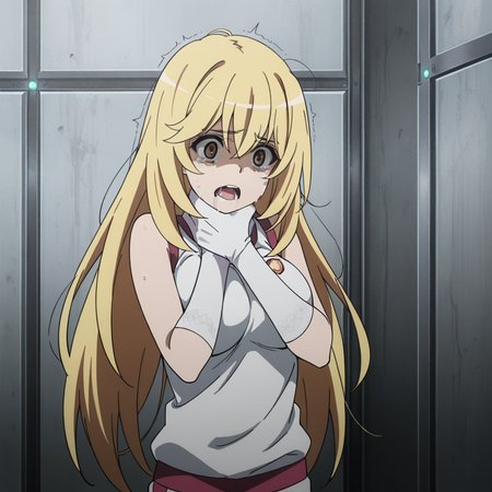 nsfw, masterpiece, best quality, amazing quality, 1girl, solo, index_railgun_shokuhou_misaki, standing, blonde hair, self strangling, white gloves, open mouth, long hair, large breasts, asphyxiation, saliva, elbow gloves, brown eyes, shirt, sleeveless, sleeveless shirt, gym uniform, gym short, white shirt, bangs, scared, tears, hair between eyes, <lora:Shokuhou_Misaki_-_Index_Railgun:0.7>