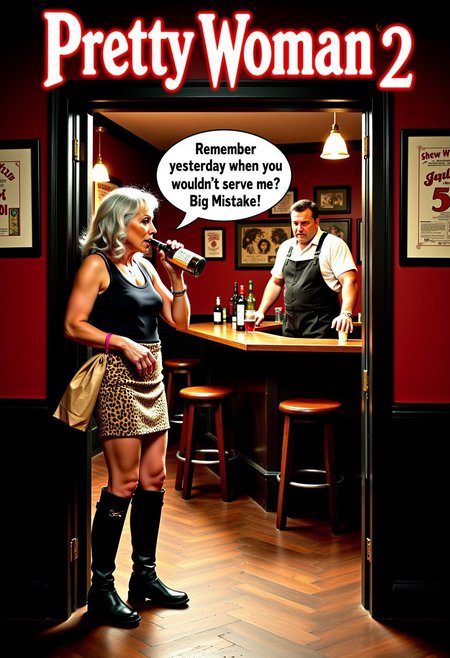 Title with text:"Pretty Woman 2”, subtitle with text:”30 Years Later”. A drunk old lady with grey hair is standing in the doorway of a dingy bar, in the afternoon wearing a leopard-print skirt, thigh high leather boots and a tank top. She’s drinking from a liquor bottle wrapped in a brown paper bag and yelling at the burly bartender who is standing behind the bar with text: "Remember yesterday when you wouldn’t serve me? Big Mistake!". She’s disheveled and haggard. The bartender calmly replies with text:”That was 15 minutes ago.”, realistic, aidmaTextImprover