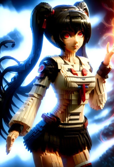 1girl, expert Lego Set Theme, cyberspace background, Kosaka_Iori, red_eyes, black_hair, long_hair, twintails, medium_breasts, schoo uniform