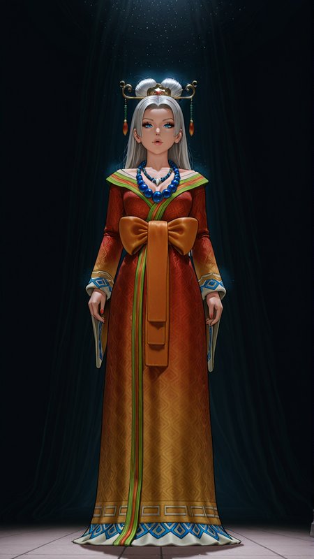 <lora:fellatrix_style_ILXL_goofy:0.3>, fellatrix style, <lora:Sinfully_Stylish_1.0_for_Illustrious:0.5>, sinfully stylish, dramatic lighting, long shadows, soft light, masterpiece, best quality, highres, sharp focus, HDR, high contrast, full body view, front angle BREAK
<lora:Pang_Illu:0.9>, 1girl solo, 1girl, solo, pang, silver hair, blue eyes, hair ornaments, red dress, blue necklace, orange bowtie belt, standing, looking at viewer,